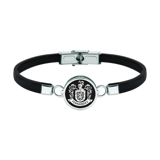 Silver, steel and leather bracelet "Heraldic shield of your family name"Ref. code: PU27023mm thick leather bracelet with the coat of arms of your family name carved in sterling silver and enameled in the oven.A meticulous craftsmanship with an eternal guarantee.