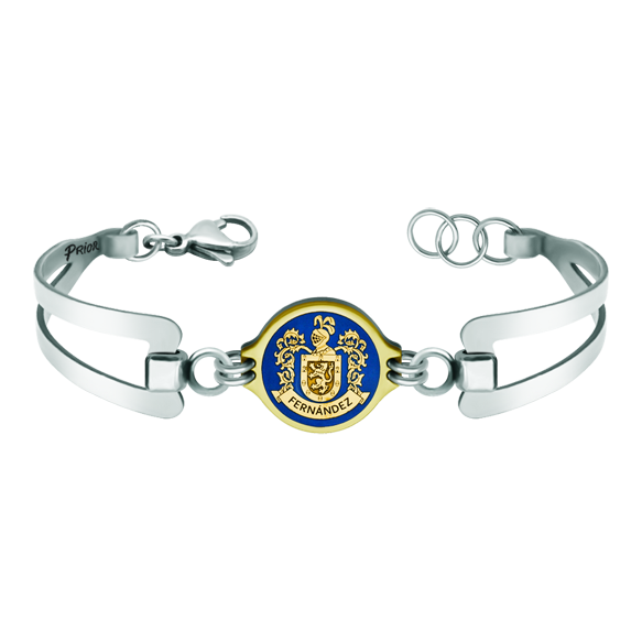 Bracelet personnalisé en or et acier "Armoiries héraldiques du nom de famille Fernández"Referencia: PU2712Bracelet personnalisé en acier inoxydable avec les armoiries du nom de famille Fernández gravées en bas-relief en or 18 carats et émaillées au four.Un travail d'artisanat méticuleux avec une garantie éternelle.