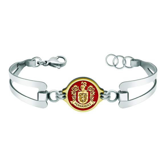 Personalisiertes Gold- und Stahlarmband "Wappen des Familiennamens Fernández"Ref. Code: PU2712Personalisiertes Edelstahlarmband mit dem Wappen des Familiennamens Fernández in Flachrelief aus 18 kt Gold und einbrennlackiert.Ein Werk sorgfältiger Handwerkskunst mit einer ewigen Garantie.