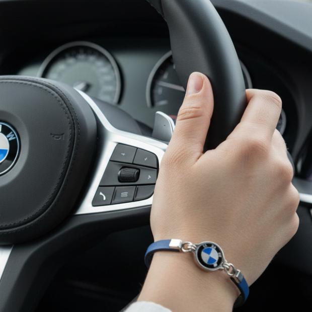 Silber, Edelstahl und Lederarmband "BMW Logo"Ref. Code: PU2732Lederarmband mit eingraviertem BMW-Logo in Sterlingsilber und Einbrennlackierung.