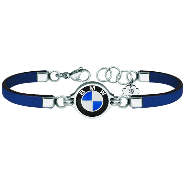 "BMW" silver, steel and leather braceletRef. code: PU2732Leather bracelet with BMW logo carved in low relief in sterling silver and stove enameled.