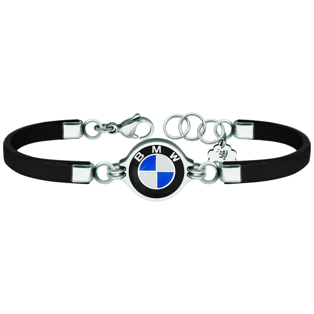 "BMW" silver, steel and leather braceletRef. code: PU2732Leather bracelet with BMW logo carved in low relief in sterling silver and stove enameled.