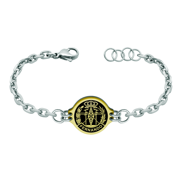 Bracelet in gold and steel "Telecommunications Engineer"Ref. code: PU2752Stainless steel bracelet with the Telecommunications Engineer's shield personalized with his name carved in low relief in 18 kt gold and enameled in the oven.We have all professions and careers available: Advocacy (Lawyer / Law), Commercial Agent, Quantity Surveyor, Architect (Architecture), ATS (Nursing), Fine Arts, Biological Sciences (Biology), Exact Sciences, Physical Sciences, Political Sciences, Political and Economic Sciences, Chemical Sciences, Commerce, Draftsman, Economics, Business, Pharmacy, Philosophy and Letters, Geography, Geological (Geology), Social Graduate, Computer Science, Agricultural Engineering, Civil Engineering, Electronic Engineering, Forestry Engineering, Mining Engineering, Naval Engineering, Higher Industrial Engineering, Industrial Technical Engineering, Telecommunications Engineering, Textile Engineering, Jewelry, Teaching, Medicine, Music, Psychology, Topography, Dentistry, Optics, Journalism, Veterinary Medicine.And if we don't have yours, please contact us.