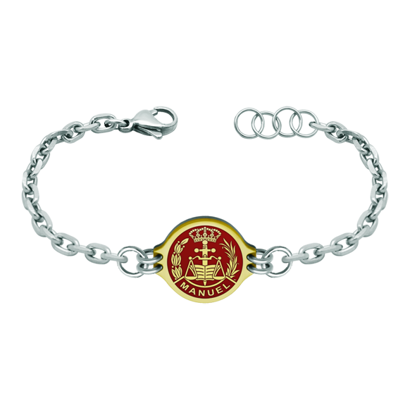 Bracelet in gold and steel "Lawyer"Ref. code: PU2752Stainless steel bracelet with the coat of arms personalized with your name carved in low relief in 18 kt gold and enameled in the oven.We have all professions and careers available: Advocacy (Lawyer / Law), Commercial Agent, Quantity Surveyor, Architect (Architecture), ATS (Nursing), Fine Arts, Biological Sciences (Biology), Exact Sciences, Physical Sciences, Political Sciences, Political and Economic Sciences, Chemical Sciences, Commerce, Draftsman, Economics, Business, Pharmacy, Philosophy and Letters, Geography, Geological (Geology), Social Graduate, Computer Science, Agricultural Engineering, Civil Engineering, Electronic Engineering, Forestry Engineering, Mining Engineering, Naval Engineering, Higher Industrial Engineering, Industrial Technical Engineering, Telecommunications Engineering, Textile Engineering, Jewelry, Teaching, Medicine, Music, Psychology, Topography, Dentistry, Optics, Journalism, Veterinary Medicine.And if we don't have yours, please contact us.