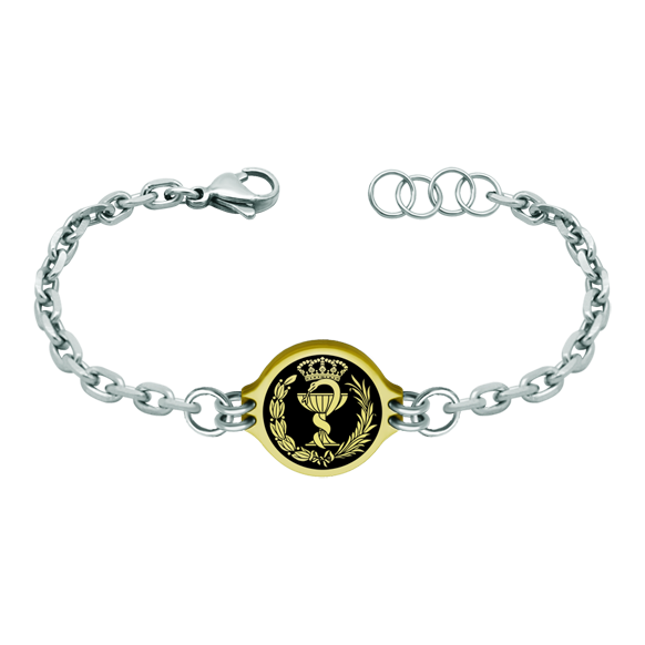 Gold plated and stainless steel bracelet "Pharmacy"Ref. code: PU2753Stainless steel bracelet with the Pharmacy shield carved in low relief, gold plated and stove enameled.We have all professions and careers available: Advocacy (Lawyer / Law), Commercial Agent, Quantity Surveyor, Architect (Architecture), ATS (Nursing), Fine Arts, Biological Sciences (Biology), Exact Sciences, Physical Sciences, Political Sciences, Political and Economic Sciences, Chemical Sciences, Commerce, Draftsman, Economics, Business, Pharmacy, Philosophy and Letters, Geography, Geological (Geology), Social Graduate, Computer Science, Agricultural Engineering, Civil Engineering, Electronic Engineering, Forestry Engineering, Mining Engineering, Naval Engineering, Higher Industrial Engineering, Industrial Technical Engineering, Telecommunications Engineering, Textile Engineering, Jewelry, Teaching, Medicine, Music, Psychology, Topography, Dentistry, Optics, Journalism, Veterinary Medicine.And if we don't have yours, please contact us.