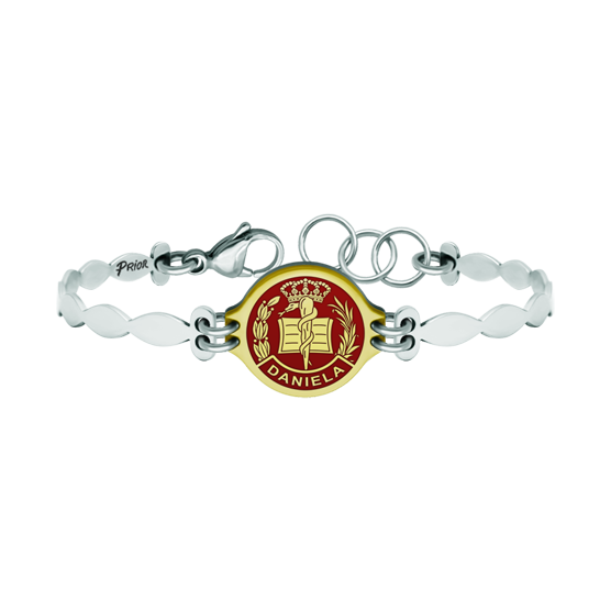 Bracelet in gold and steel "Medicine"Ref. code: PU2764Stainless steel bracelet with the shield of Medicine personalized with your name carved in low relief in 18 kt gold and enameled in the oven.We have all professions and careers available: Advocacy (Lawyer / Law), Commercial Agent, Quantity Surveyor, Architect (Architecture), ATS (Nursing), Fine Arts, Biological Sciences (Biology), Exact Sciences, Physical Sciences, Political Sciences, Political and Economic Sciences, Chemical Sciences, Commerce, Draftsman, Economics, Business, Pharmacy, Philosophy and Letters, Geography, Geological (Geology), Social Graduate, Computer Science, Agricultural Engineering, Civil Engineering, Electronic Engineering, Forestry Engineering, Mining Engineering, Naval Engineering, Higher Industrial Engineering, Industrial Technical Engineering, Telecommunications Engineering, Textile Engineering, Jewelry, Teaching, Medicine, Music, Psychology, Topography, Dentistry, Optics, Journalism, Veterinary Medicine.And if we don't have yours, please contact us.