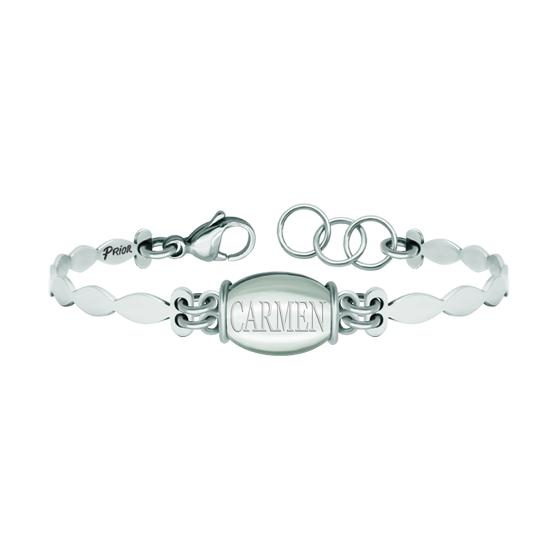 Pulsera de plata y acero personalizada con nombre grabado en cristal de rocaReferencia: PU2777Pulsera fabricada en plata de ley, con un cristal talla cabujón de 16x12mm en el centro personalizado con su nombre grabado en la parte posterior y brazalete de acero pulido.