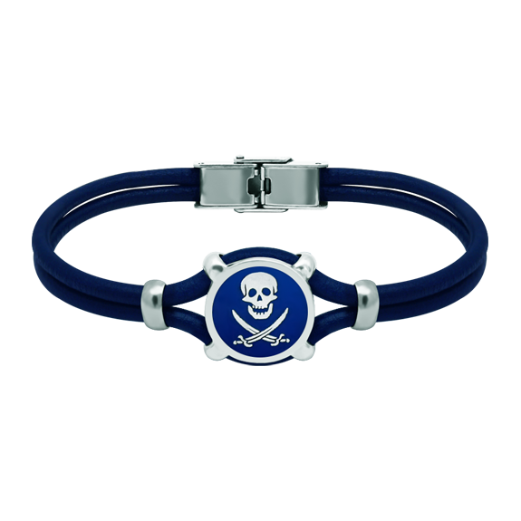 Silver and leather bracelet "Pirate Flag"Ref. code: PU27923mm thick leather bracelet with the pirate flag carved in sterling silver and enameled in the oven.
