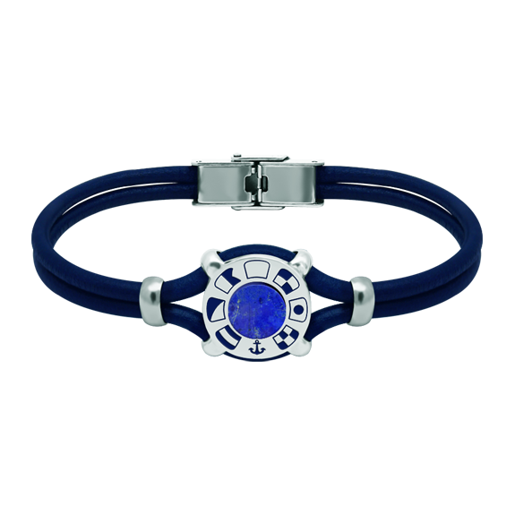 Pulsera de plata, lapislázuli y cuero "Banderas náuticas"Referencia: PU2793Pulsera de cuero de 3mm de grosor con rueda personalizada con las banderas náuticas de su nombre talladas bajo relieve en plata de ley y esmaltadas al horno, con un lapislázuli en el centro.