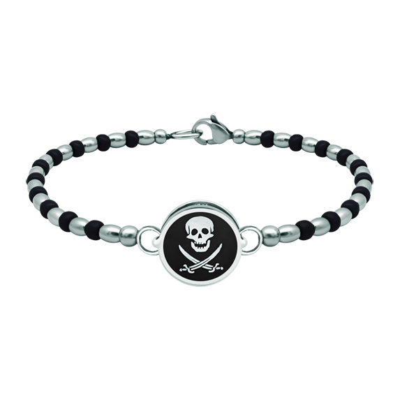 Silver and steel bracelet "Pirate Flag"Ref. code: PU2798Rigid steel ball bracelet with the pirate flag carved in sterling silver and enameled in the oven.
