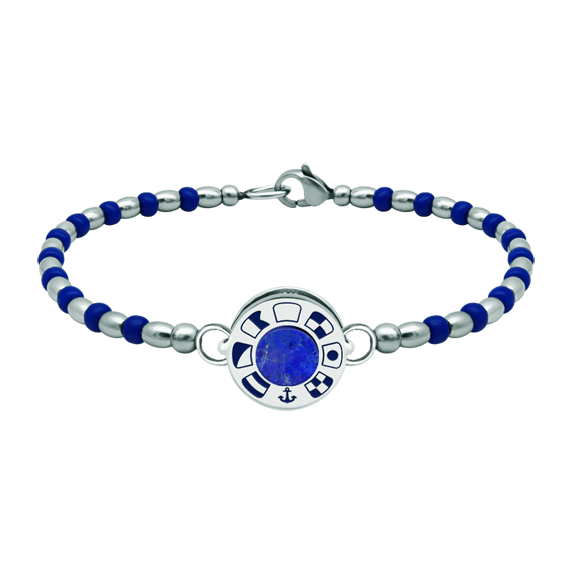 Armband aus Silber, Lapislazuli und Edelstahl "Nautische Flaggen"Ref. Code: PU2802Steifes Kugelarmband aus Stahl mit personalisiertem Rad mit den nautischen Flaggen Ihres Namens in Relief aus Sterlingsilber und gebranntem Emaille, mit einem Lapislazuli in der Mitte.