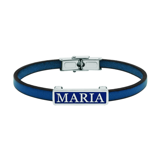 Personalized silver and leather braceletRef. code: PU28035mm thick flat leather bracelet personalized with your name carved in sterling silver and enameled in the oven.