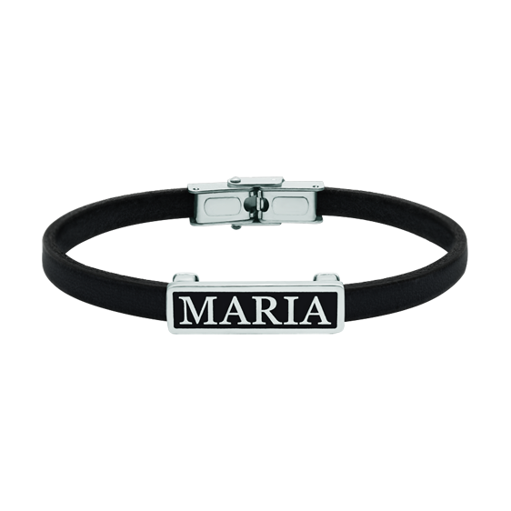 Bracelet personnalisé en argent et cuirReferencia: PU2803Bracelet en cuir plat de 5 mm d'épaisseur personnalisé avec votre nom gravé en argent sterling et émaillé au four.