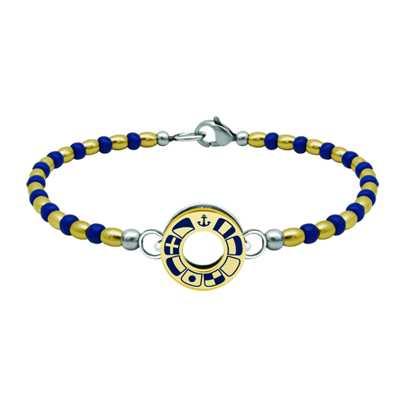 Gold- und Edelstahlarmband "Nautische Flaggen"Ref. Code: PU2809Starres Armband aus vergoldeten Perlen und Kristallen mit personalisiertem Rad mit den nautischen Flaggen Ihres Namens, die im Flachrelief in 18 kt Gold geschnitzt und im Ofen emailliert sind.