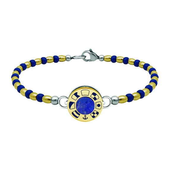 Bracelet en or, lapis-lazuli et acier inoxydable "Drapeaux nautiques"Referencia: PU2810Bracelet rigide en perles et cristaux plaqués or avec roue personnalisée avec les drapeaux nautiques de votre nom gravés en bas-relief en or 18 kt et émaillés au four, avec un lapis-lazuli au centre.