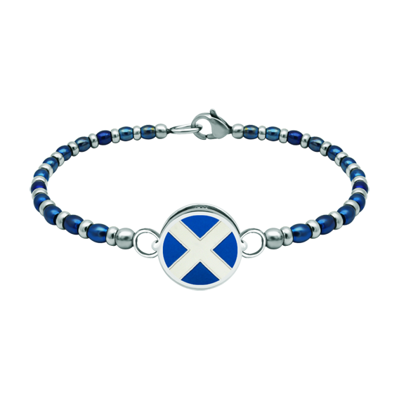 Pulsera náutica de plata y acero "Bandera Náutica"Referencia: PU2811Pulsera de cadena de bolas de acero personalizada con la bandera náutica de su nombre tallada bajo relieve en plata de ley y esmaltada al horno.