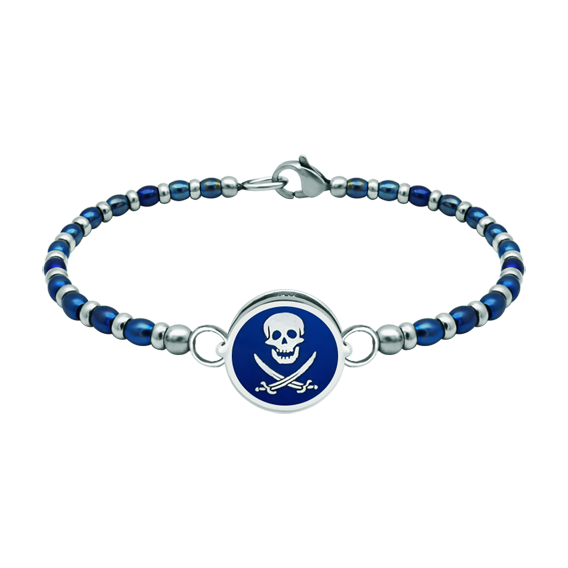 Bracelet en argent et acier "Pirate Flag"Referencia: PU2812Bracelet boule en acier rigide avec le drapeau pirate sculpté en bas-relief en argent sterling et émaillé au four.