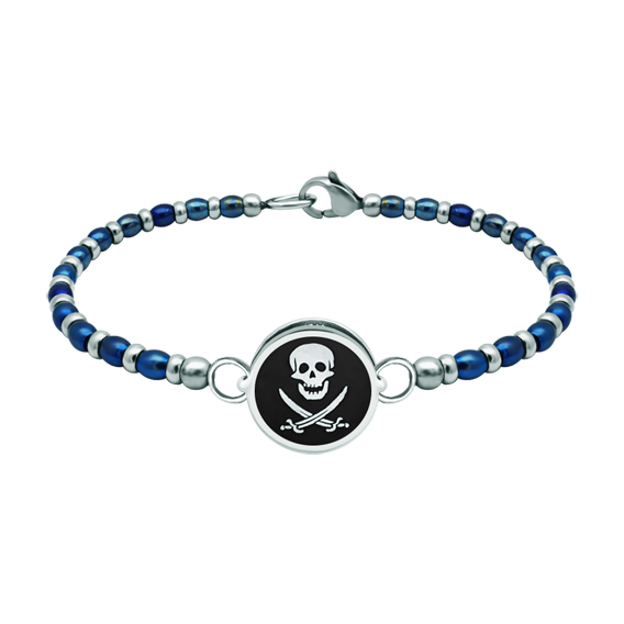 Bracelet en argent et acier "Pirate Flag"Referencia: PU2812Bracelet boule en acier rigide avec le drapeau pirate sculpté en bas-relief en argent sterling et émaillé au four.