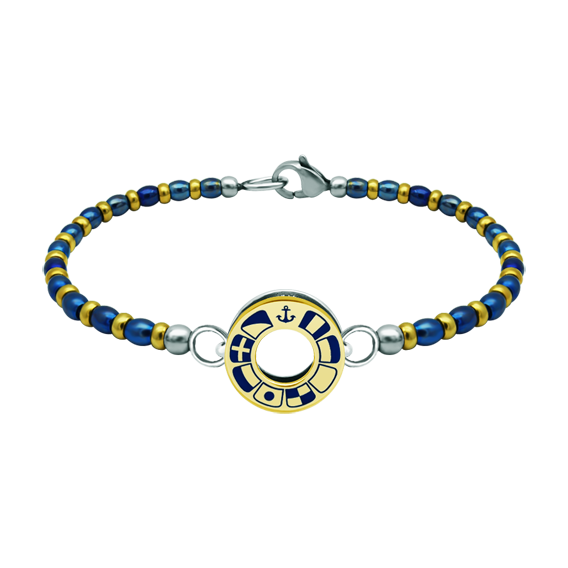 Pulsera marinera de oro y acero "Banderas náuticas"Referencia: PU2815Pulsera de cadena de bolas de acero y chapadas en oro con rueda personalizada con las banderas náuticas de su nombre talladas bajo relieve en oro de 18 ktes y esmaltadas al horno.