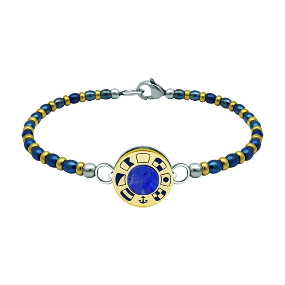 Gold- und Edelstahlarmband "Nautische Flaggen"Ref. Code: PU2816Armband aus Stahl und vergoldeter Kugelkette mit einem personalisierten Rad mit den nautischen Flaggen Ihres Namens in Flachrelief aus 18 kt Gold und gebranntem Emaille, mit einem Lapislazuli in der Mitte.
