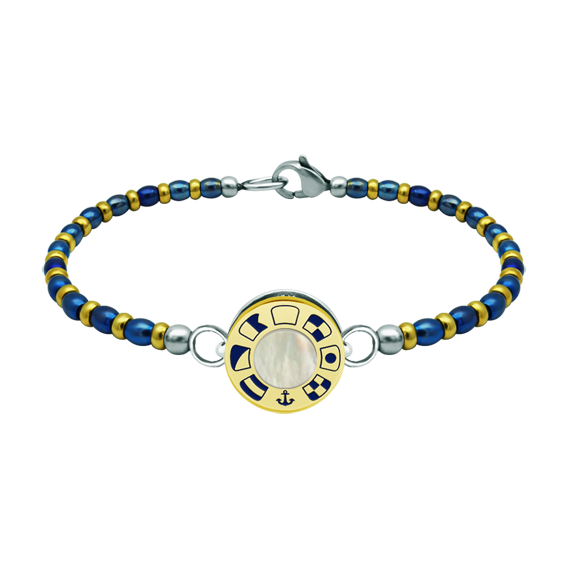 Gold- und Edelstahlarmband "Nautische Flaggen"Ref. Code: PU2816Armband aus Stahl und vergoldeter Kugelkette mit einem personalisierten Rad, auf dem die nautischen Flaggen Ihres Namens in flachem Relief in 18-karätigem Gold eingraviert und im Ofen emailliert sind, mit einer Perlmuttperle in der Mitte.