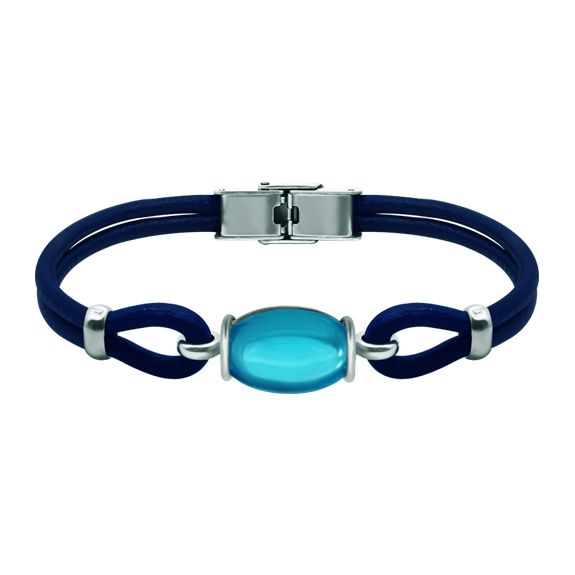 Pulsera de plata y cuero con cristal ovalado de coloresReferencia: PU2833Pulsera de cuero de 3mm de grosor y plata de ley con un cabujón de cristal de colores de 18x13mm.