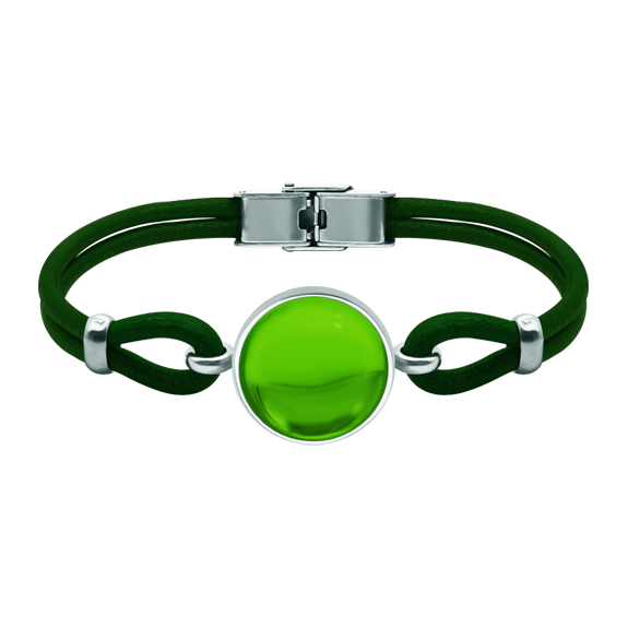 Silver and leather bracelet with colored crystalsRef. code: PU28373mm thick leather and sterling silver bracelet with an 18mm colored crystal cabochon.