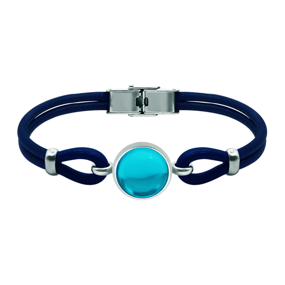 Bracelet en argent et cuir avec cristaux colorésReferencia: PU2839Bracelet en cuir et argent sterling de 3 mm d'épaisseur avec un cabochon en verre coloré de 14 mm.