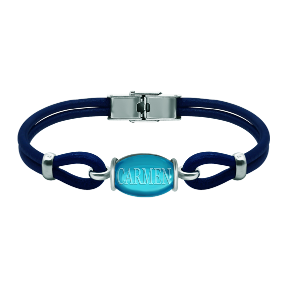 Personalized silver and leather bracelet with oval colored glass 18x13mmRef. code: PU28423mm thick leather and sterling silver bracelet with a 18x13mm colored crystal cabochon personalized with name engraved on the crystal.