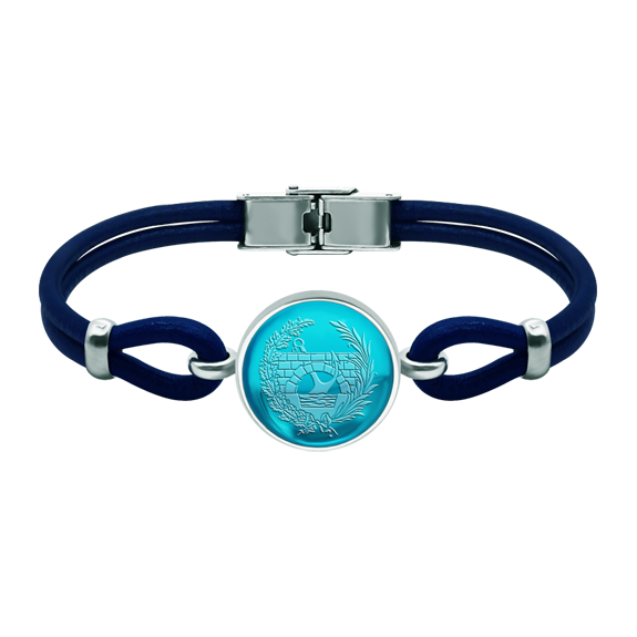 Silver and leather bracelet with colored crystal cabochon 18mmRef. code: PU28463mm thick leather and sterling silver bracelet with an 18mm colored crystal cabochon engraved with the logo of your professional school or college.