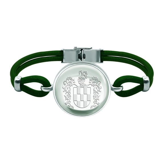 Bracelet héraldique en argent et cuir avec cabochon de cristal de 25 mmReferencia: PU2847Bracelet en cuir de 3 mm d'épaisseur et en argent sterling avec un cabochon de cristal de 25 mm gravé des armoiries héraldiques de votre famille.