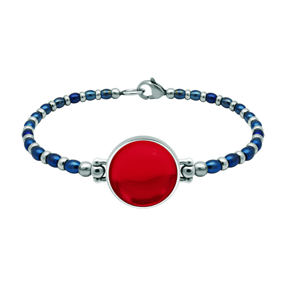 Pulsera de plata y acero con cristal de colores 18mmReferencia: PU2856Pulsera de bolas de acero y plata de ley con un cabujón de cristal de colores de 18mm.