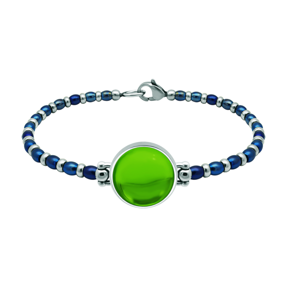 Pulsera de plata y acero con cristal de colores 16mmReferencia: PU2857Pulsera de bolas de acero y plata de ley con un cabujón de cristal de colores de 16mm.