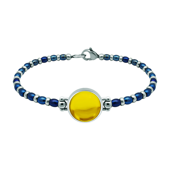 Silver and steel bracelet with colored crystal 14mmRef. code: PU2858Steel and sterling silver bead bracelet with a 14mm colored crystal cabochon.