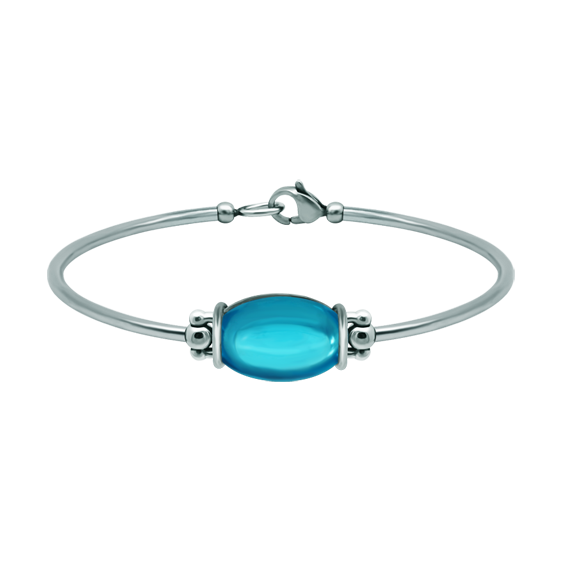 Bracelet en argent et acier inoxydable avec verre ovale coloré 18x13mmReferencia: PU2859Bracelet rigide en acier inoxydable et argent sterling avec un cabochon en verre coloré de 18x13mm.