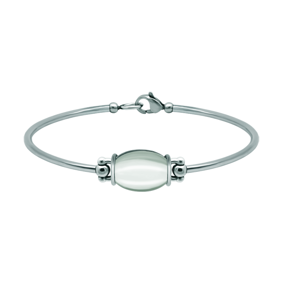 Silver and stainless steel bracelet with oval colored crystal 16x12mmRef. code: PU2860Rigid steel and sterling silver bracelet with a 16x12mm stained glass cabochon.