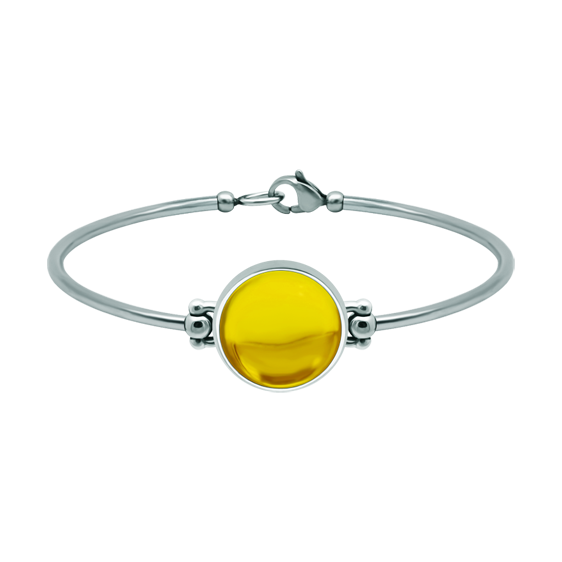 Pulsera de plata y acero con cristal de colores 16mmReferencia: PU2863Pulsera rígida de acero y plata de ley con un cabujón de cristal de colores de 16mm.