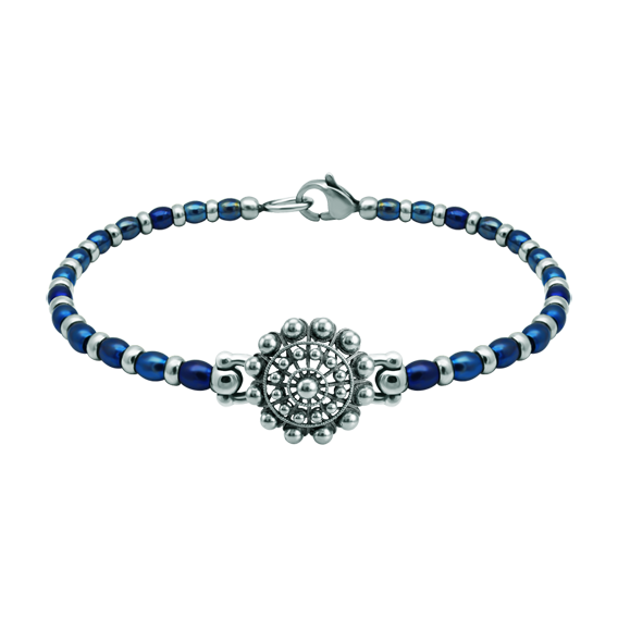 Pulsera Boton Charro plata y acero 16mmReferencia: PU2872Pulsera de bolas de acero con Boton Charro de 16mm fabricado en plata de ley esmaltada a mano.