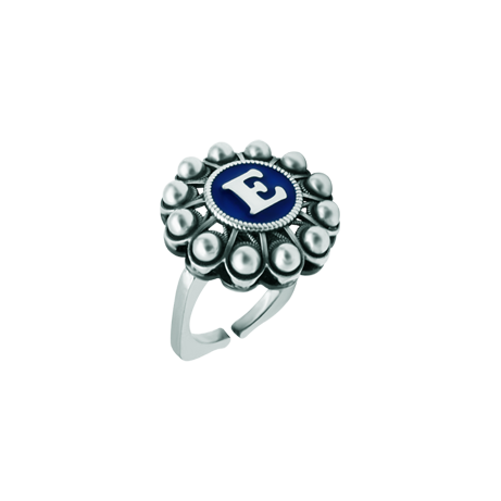 Bague bouton charro personnalisée en argentReferencia: SR0352Bague en acier inoxydable avec bouton charro en argent sterling personnalisé avec une initiale émaillée au four.