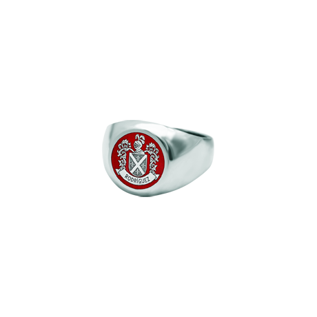 Bague chevalière en argent émaillé avec écusson héraldiqueReferencia: SR0373Bague chevalière en argent sterling avec un blason héraldique de son nom de famille émaillé à la main.