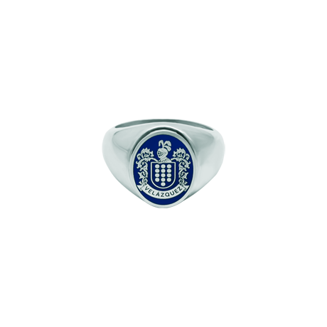 Siegelring mit heraldischem Schild aus emailliertem SilberRef. Code: SR0383Siegelring aus Sterlingsilber mit einem von Hand emaillierten heraldischen Wappen seines Nachnamens.