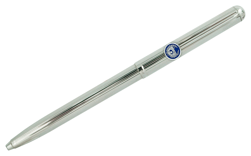 Silver ballpoint pen with civil engineer's coat of arms (Blue)Ref. code: BL0095Elegant silver ballpoint pen in classic style, decorated with a fine line design.Ideal for gifts, special occasions or professional use.The cap and body are made of solid sterling silver with a shiny finish.The ink loading system is compatible with standard refills.The clasp is of the retractable push-button type.Manufactured entirely in Germany.It can be personalized with the name engraved in relief.Size: 140x10mm.