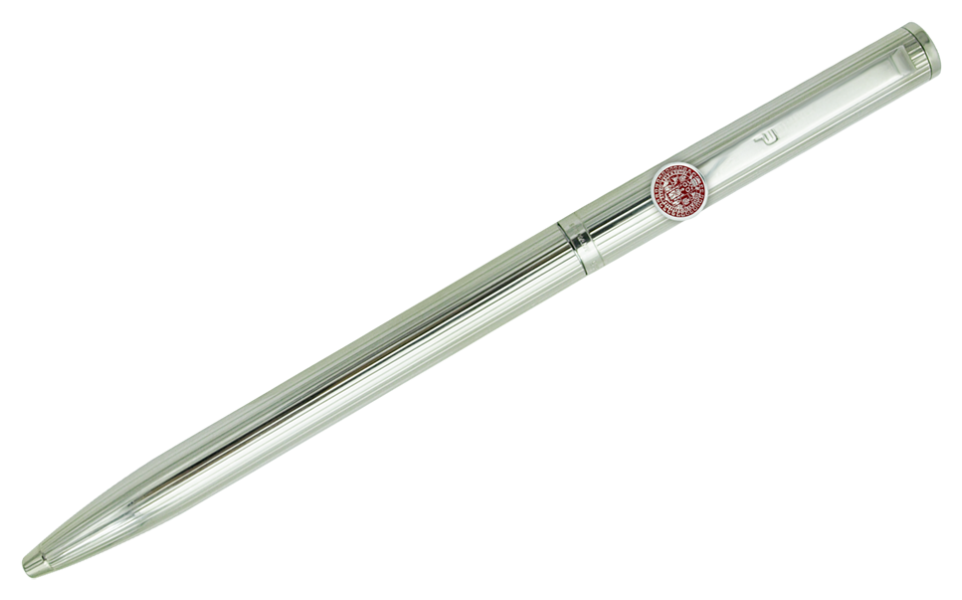 Silver ballpoint pen with University of Salamanca Coat of Arms (Red)Ref. code: BL0099Elegant silver ballpoint pen in classic style, decorated with a fine line design.Ideal for gifts, special occasions or professional use.The cap and body are made of solid sterling silver with a shiny finish.The ink loading system is compatible with standard refills.The closure is of the swivel and retractable type.Manufactured entirely in Germany.It can be personalized with the name engraved in relief.Size: 140x9mm.