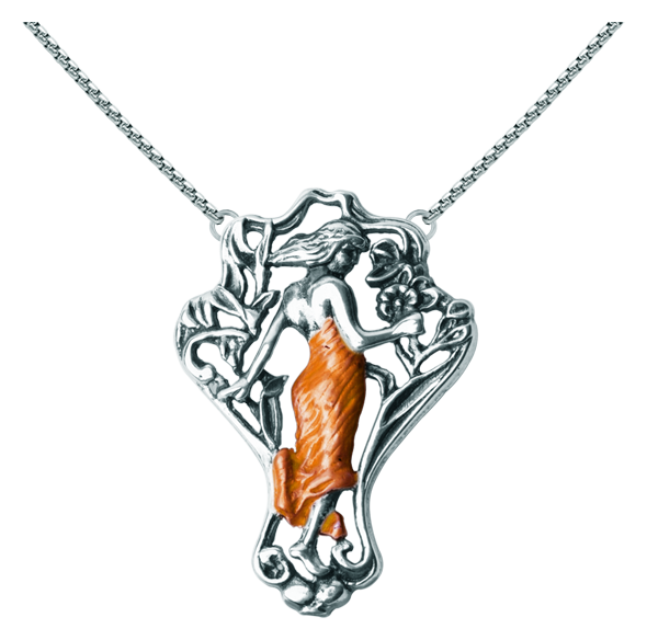 Pendentif Art Nouveau en argent "Femme au bouquet de fleurs" (Orange)Referencia: CO0053Pendentif Art nouveau en argent sterling.Robe émaillée en bleu, vert ou ambre.Pièces de musée inspirées des œuvres les plus représentatives des mouvements Art nouveau et Art déco, et du modernisme de la fin du XIXe siècle et du début du XXe siècle.Medida: 36x52mm.