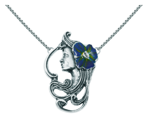 Pendentif Art Nouveau en argent "Visage de femme avec fleur" (Bleu)Referencia: CO0066Pendentif Art nouveau en argent sterling.Fleur émaillée bleue, verte ou ambrée.Pièces de musée inspirées des œuvres les plus représentatives des mouvements Art nouveau et Art déco, et du modernisme de la fin du XIXe siècle et du début du XXe siècle.Medida: 31x50mm.