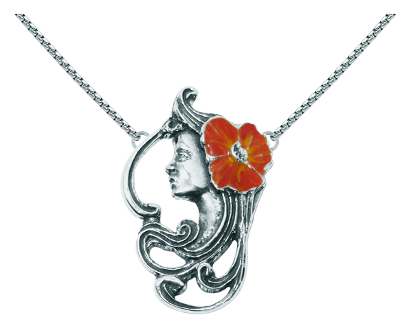 Pendentif Art Nouveau en argent "Visage de femme avec fleur" (Orange)Referencia: CO0066Pendentif Art nouveau en argent sterling.Fleur émaillée bleue, verte ou ambrée.Pièces de musée inspirées des œuvres les plus représentatives des mouvements Art nouveau et Art déco, et du modernisme de la fin du XIXe siècle et du début du XXe siècle.Medida: 31x50mm.