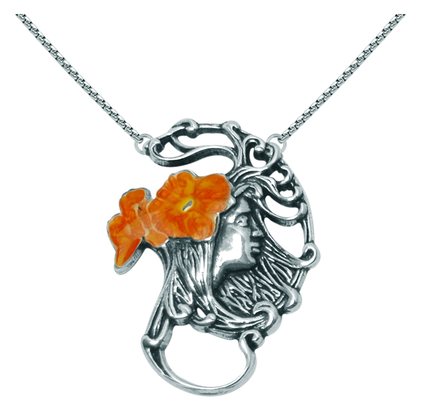 Pendentif Art Nouveau en argent "Visage de femme avec fleurs" (Orange)Referencia: CO0122Pendentif Art nouveau en argent sterling.Fleurs émaillées bleues, vertes ou ambrées.Pièces de musée inspirées des œuvres les plus représentatives des mouvements Art nouveau et Art déco, et du modernisme de la fin du XIXe siècle et du début du XXe siècle.Medida: 41x53mm.