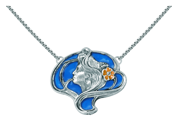 Pendentif Art Nouveau en argent "Femme parmi les branches" (Bleu)Referencia: CO0141Pendentif Art nouveau en argent sterling.Fond émaillé bleu, vert ou ambre.Pièces de musée inspirées des œuvres les plus représentatives des mouvements Art nouveau et Art déco, et du modernisme de la fin du XIXe siècle et du début du XXe siècle.Medida: 35x31mm.
