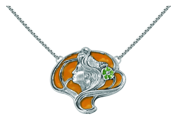 Pendentif Art Nouveau en argent "Femme parmi les branches" (Orange)Referencia: CO0141Pendentif Art nouveau en argent sterling.Fond émaillé bleu, vert ou ambre.Pièces de musée inspirées des œuvres les plus représentatives des mouvements Art nouveau et Art déco, et du modernisme de la fin du XIXe siècle et du début du XXe siècle.Medida: 35x31mm.