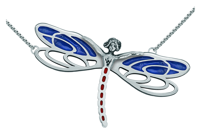 Pendentif Art Nouveau en argent "Nymphe avec ailes de libellule" (Bleu)Referencia: CO1566Pendentif en acier inoxydable poli et en argent sterling émaillé.Pièces de musée inspirées des œuvres les plus représentatives des mouvements Art nouveau et Art déco, et du modernisme de la fin du XIXe siècle et du début du XXe siècle.Medida: 70x39mm.
